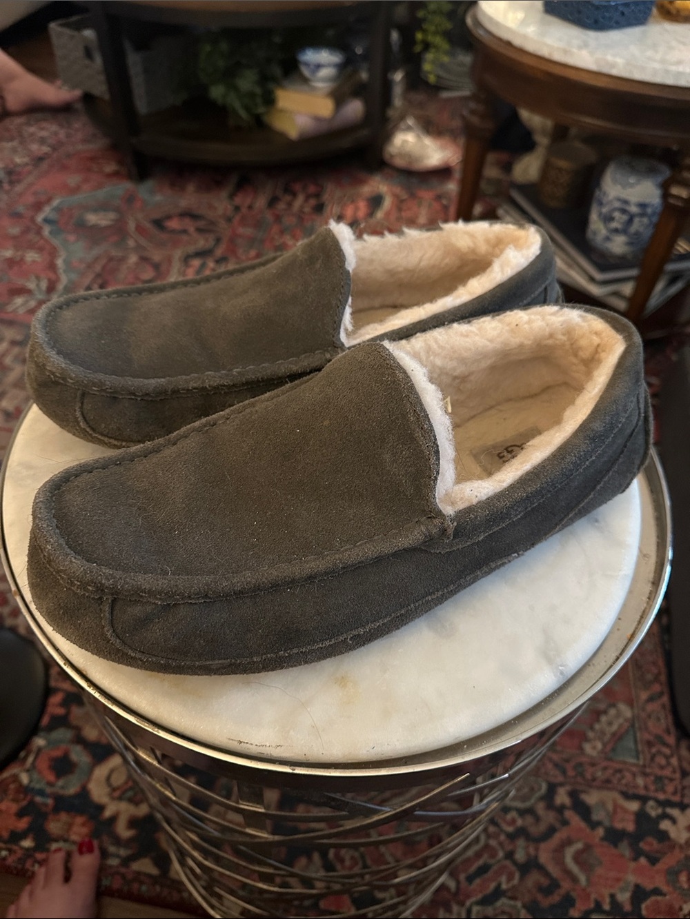Men's UGG Suede Slip-On Moccasin Slippers in Dark Gray - Plush Lining